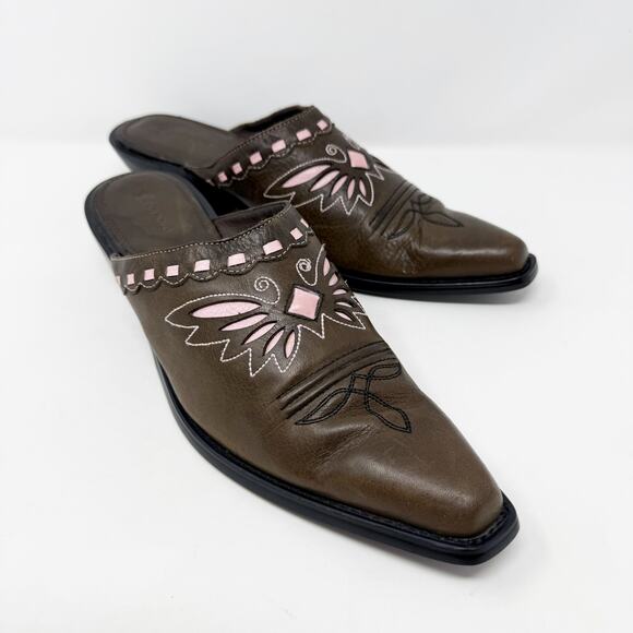 Vintage Shoes - Vintage Y2K Sonora by Double-H Brown/Pink Leather Western Mules Women's Size 8.5